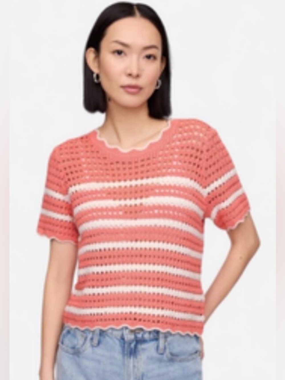 GAP Striped Crochet Knit Top in Coral and White size X small